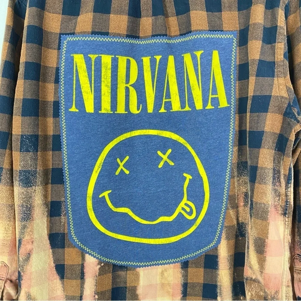 Nirvana Band Flannel Shirt Mens Unisex XL Shacket Buffalo Plaid Upcycled Brown - Picture 6 of 10
